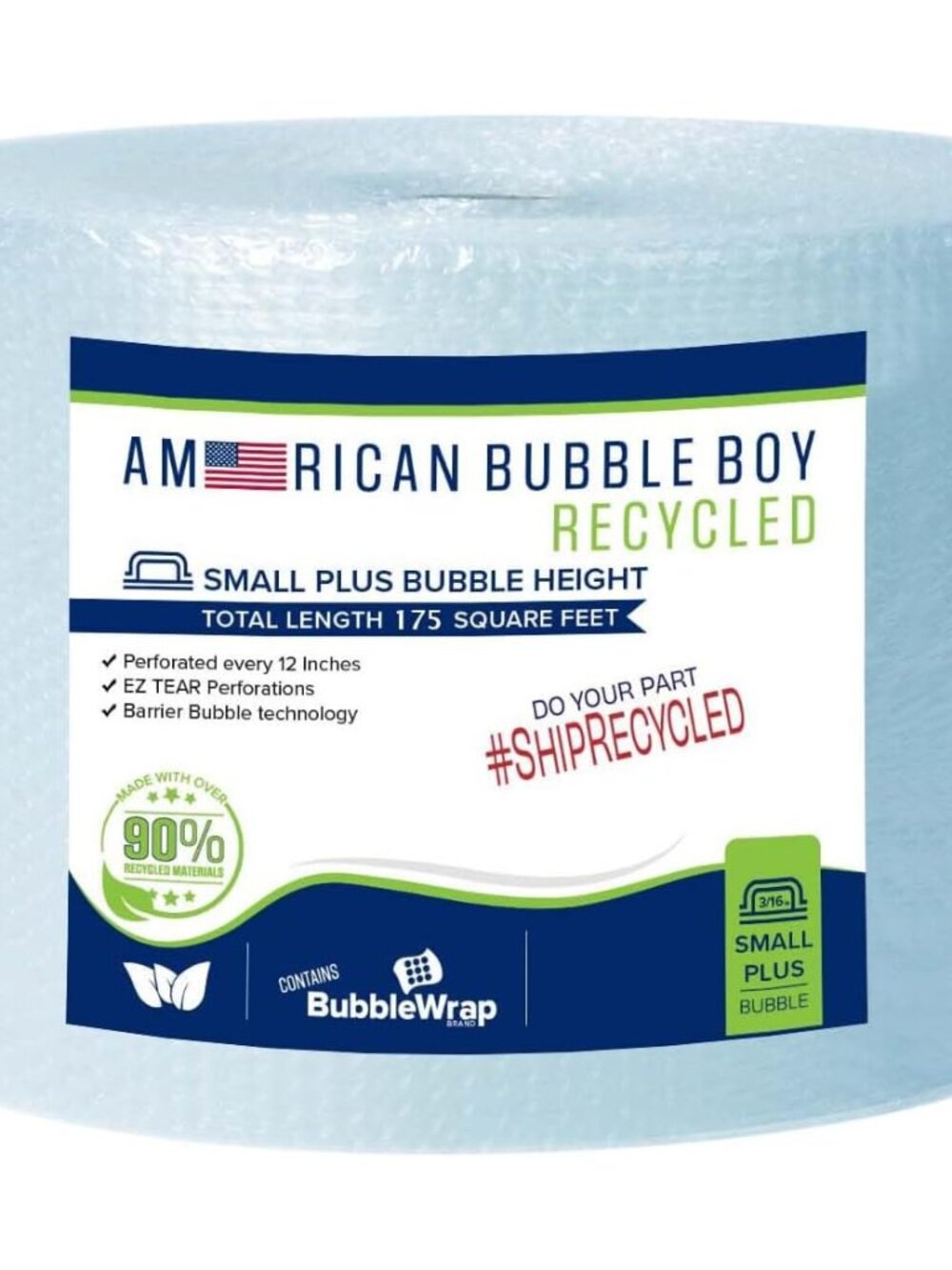 Large roll of 175 Feet of Recycled Small Plus Bubble wrap for packing, moving an